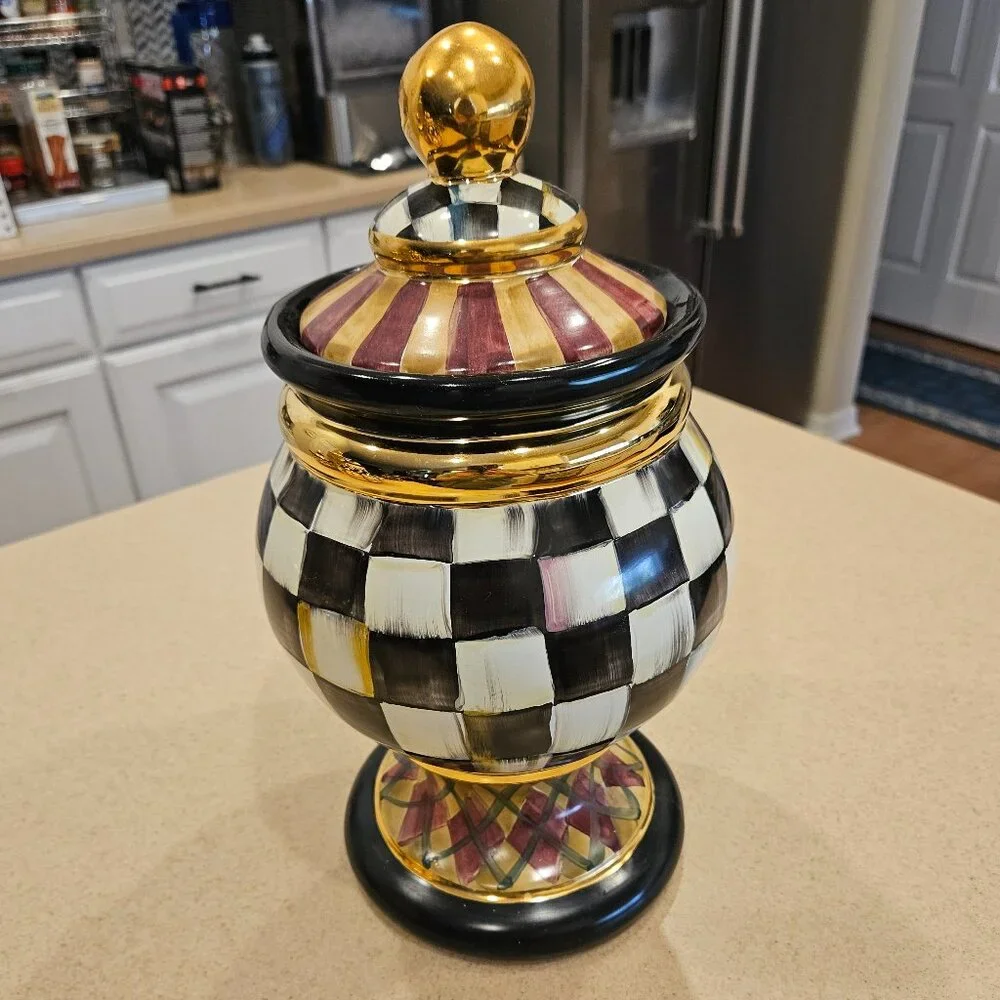 RARE MACKENZIE CHILDS ARGYLE PLAID AURORA CERAMIC GLOBE STORAGE CANISTER JAR